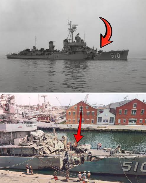 This May 8, 1956 photograph shows USS Eaton after its collision with USS Wisconsin in Chesapeake Bay. The destroyer suffered heavy structural damage to its side and superstructure but remained afloat