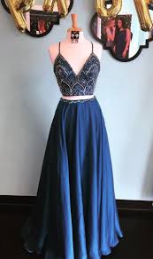 Two Piece Spaghetti Straps Floor Length Navy Blue Prom Dress With Beading Top Prom Dresses Blue Evening Dresses Navy Prom Dresses