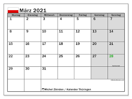 Hier finden sie kostenlose kalender 2021 für thüringen mit gesetzlichen feiertagen und kalenderwochen. Kalender Thuringen Marz 2021 Zum Ausdrucken Michel Zbinden De