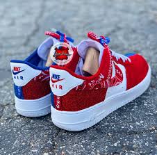 Custom Nike Air Force One Blue Red Bandana Glitter Edition Katty Customs In 2020 Red Bandana Shoes Custom Nike Shoes Jordan Shoes Girls