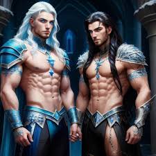 gothic fantasy, greek gladiators, beautiful men couple gay, young muscle  athletic, long hair, ice armor, colors blue, white, ice castle)))  (((masterpiece, good quality, intricate details, high quality, best  quality, 8k, in