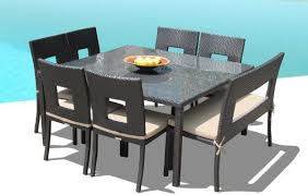 Outdoor Patio Wicker Furniture New Resin 8 Pc Square Dining Table Set With Chairs And Bench By Square Dining Tables Cheap Patio Furniture Wicker Dining Tables