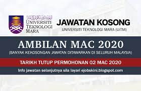 Calon yang yang berkelayakan dan berminat hendaklah membuat permohonan dengan mengunakan borang permohonan jawatan kosong yang telah disediakan oleh pihak uitm perak. Jawatan Kosong Uitm Mac 2020