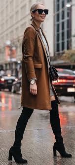 Black And Brown Outfits Guys Fashion Trends Brown Coat Plus Grey Dress Plus Bag Plus Over Knee Boot Womens Winter Fashion Outfits Womens Fashion Casual Outfits Womens Fashion Casual Winter