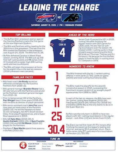 Preseason Game 1 - Bills vs. Panthers: 📍 Highmark Stadium 🕓 1 PM  (Saturday, August 15) 📺 WIVB (Andrew Catalon, Steve Tasker & Maddy Glab)  📻 97 Rock (Chris Brown & Eric Wood) #LeadingTheCharge