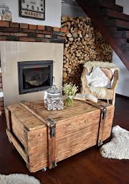 Vintage Antique Old Big Army Military Wood Wooden Chest Trunk Box Coffee Table Shabby Chic Brown Cottage Loft Industrial On Wheels Shabby Chic Coffee Table Trunks And Chests Wooden Chest