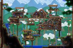 My Little Floating Village Inspired By Various Builders On Here Terraria Terraria Castle Terraria House Ideas Terraria House Design
