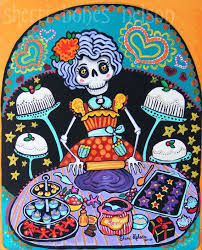 Folk Art Print Mexican Day Of The Dead Kitchen Wall Decor Bakery Cakes Orange Purple Gothic Arte Popular Mexicano Pinturas De Arte Popular Produccion Artistica