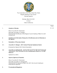 The Corporation of the City of Sault Ste. Marie Regular Meeting of City  Council Revised Agenda Monday, March 29, 2021 4:30 pm Vi