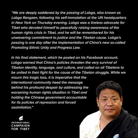 ICT mourns the passing of Lobga, also known as Lobga Rangzen, following his self-immolation at the UN headquarters in New York on Thursday evening. Lobga was a tireless advocate for Tibet who