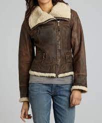 Michael Michael Kors Brown Distressed Leather Sherpa Lined Aviator Jacket Style 313229501 Jackets Aviator Jackets Sherpa Lined