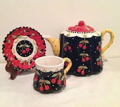 Mary Engelbreit 2001 Very Cherry Teapot Cup Saucer Black W Cherries Tea Set Cherry Tea Tea Pots Tea Set