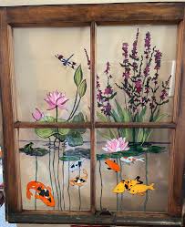 Sold Koi Garden Window In 2021 Painted Window Art Window Art Window Painting