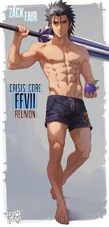 jackdraws1988, zack fair, crisis core final fantasy vii, final fantasy,  final fantasy vii, commentary, english commentary, highres, 1boy, abs,  artist name, bare arms, barefoot, black hair, black male swimwear, black  swim trunks,