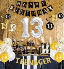 Decoracion para cumpleaños de niña de 13 años. Amazon Com Decoraciones De Cumpleanos 13 Para Ninos Y Ninas Oro Negro Suministros Para Fiestas De 13 Cumpleanos Con Pancarta Colgante Remolino 13 Globos De Aluminio Toys Games