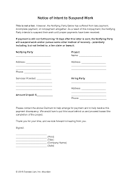 Sample of hindrance letter for rainy days of construction work for extension of time. Notice Of Intent To Suspend Work General Form Free
