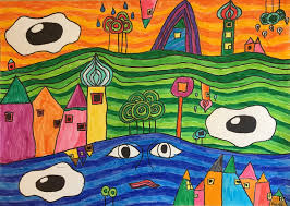 Art guide for using different methods to draw and paint with a sense of depth and dividing the painting into ground and sky by a horizon line, mountain range, vegetation or any other way, attests to depth. Art Room Britt Friedensreich Hundertwasser Dreamscapes In Marker