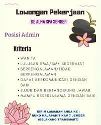 Kirim loker terbaru ke emailmu. Lowongan Kerja De Alma Spa Jember Membutuhkan Admin Loker Sekitarku