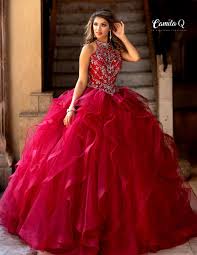 High Neck Ruffle Beaded Quinceanera Dress By Camila Q Q19006 In 2020 Quince Dresses Burgundy Quince Dresses Red Quinceanera Dresses