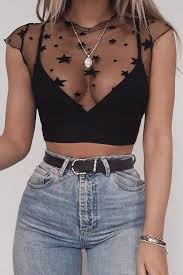 Star Print Sheer Crop Top Without Bra Crop Top Outfits Top Outfits Edgy Outfits