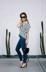 Black And White Striped Heels Outfit Clothes Quotes Navy And White Striped Button Down Skinny Jeans Black Ankle Strap Heeled Sandals Summer Evening Outfit Black Ankle Strap Heels Outfit Outfits