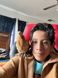 Just a boy and his chick! He loves animals lol