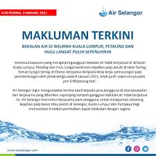 Gangguan bekalan air selangor dan kuala lumpur 2020 ialah krisis bekalan air yang berlaku pada 3 september 2020, berpunca daripada pencemaran bau daripada kilang haram yang menyebabkan lebih daripada 1 juta penduduk di selangor dan kuala lumpur terjejas. Air Selangor On Twitter Bekalan Air Di Wilayah Kuala Lumpur Petaling Dan Hulu Langat Pulih Sepenuhnya Pada Jam 6 00 Petang Tadi Airselangor Https T Co Dceu9iobei