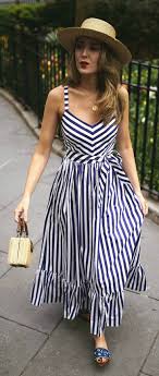 30 Dresses In 30 Days What To Wear To A Picnic Navy And White Stripe Maxi Dress Embroidered Navy Slides Smal Fashion Clothes Women Fashion Summer Fashion