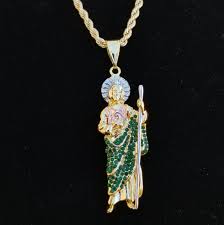Mini double side virgencita breakable heart. San Judas 3 Tone With Green Stones Huerta Jewelry