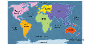 World Continents And Oceans Map Labelled Globe Geography Ks3 Illustration