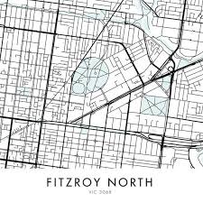 Fitzroy North Melbourne Art City Map Print Wall Art A4 A3 A2 A1 Map Print City Map Melbourne Art