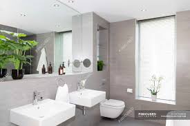 This color combination is perfect to create a modern look in your bathroom. Modern Gray And White Bathroom With Double Vanity Horizontal Sink Stock Photo 347663856