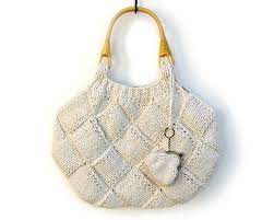 White Tote Bag Knitted In Cotton With Rattan Handles Etsy White Tote Bag White Tote Bags