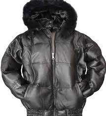 Mens Genuine Leather Bubble Bomber Jacket Snorkel Removable Hood Fox Fur Trim Bomber Jacket Jackets Winter Jackets