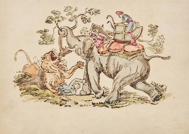 Elephant Battles Lion Watercolour Sketch British India, 1837 - Past-India