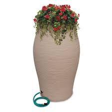 Rescue 50 Gal Sandstone Water Urn Flat Back Rain Barrel With Integrated Planter And Diverter Kit 2233 1 The Home Depot Decorative Rain Barrels Rain Barrel Rain Barrel Kit