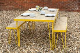 Hairpin Leg Table Benches In Yellow Reclaimed Wooden Top Retro Vintage Hairpin Leg Table Bench Table Vintage Home Decor