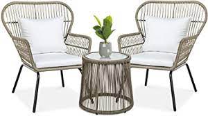 Rattan patio chair and table sets will fit nicely into a small space. Amazon Com Best Choice Products 3 Piece Patio Conversation Bistro Set Outdoor All Weather Wicker Furniture For Porch Backyard W 2 Wide Ergonomic Chairs Cushions Glass Top Side Table Tan Garden Outdoor