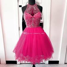 Tulle Beaded Fuchsia Short Homecoming Dresses Jewel Halter Sleeveless Fluffy Skirt Ballkleider Fur Jugendliche Kurze Homecoming Kleider Kleider Kleiner Promis