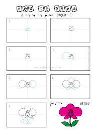 Approximately at the bend of the stem on the left side draw an uneven circle which is connected to the branch with the help of a thin appendage. How To Draw A Beautiful Orchid Beautiful Flower Easy Drawing Guides Rainbow Printables