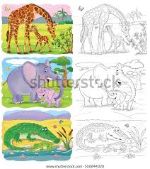 Illustration of elephants and giraffes in the jungle surrounded by mountains. Giraffe And Elephant Coloring Page