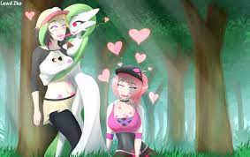 38823 - suggestive, artist:zko, oc, oc only, duskull, fictional species,  gardevoir, human, mammal, humanoid, nintendo, pokémon, against tree,  breasts, cleavage, clothes, drooling, eyes rolling back, female,  female/female, glowing, glowing eyes, grass ...