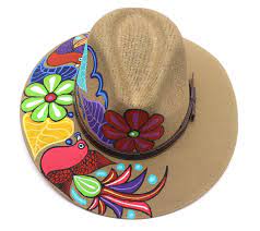 Sombrero Mexican Hand Painted Flowers Birds Hat Khaki In 2021 Painted Hats Hand Painted Hand Painted Flowers