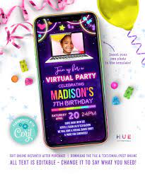 Virtual Glow Party Invitation With Photo Zoom Party Girls Etsy Pool Party Birthday Invitations Birthday Invitations Glow Party