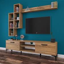 Rani A10 Duvar Rafli Kitaplikli Tv Unitesi Duvara Monte Dolapli Metal Ayakli Tv Sehpasi Ceviz M16 Dekoraz Living Room Tv Wall Living Room Tv Tv Wall Cabinets