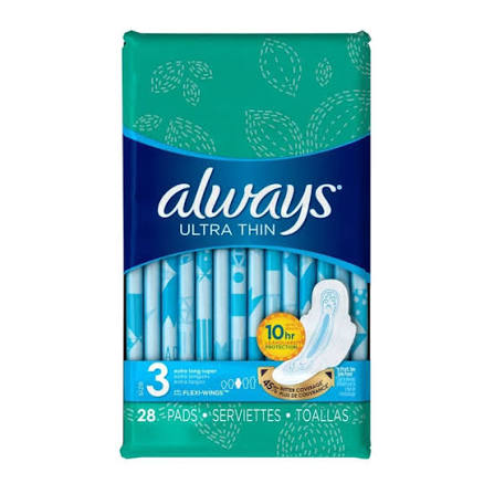 Always Ultra Thin Pads with Wings, Size 3 Extra Long Super, 28 Count