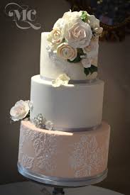 Blush Pink Grey And Ivory Wedding Cake With Lace Detailing From Bride S Dress And Diamante Be Pink Wedding Cake Pink And Grey Wedding Cake Ivory Wedding Cake