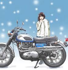 東本昌平イラスト 美女とバイクシリーズ 冬の寒空にぽつりとたたずむ清楚美女 x kawasaki w2tt lawrence motorcycle x cars a your life バイクアート 東本昌平 バイク アニメ