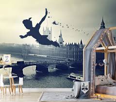 Peter Pan Wall Mural In Black And White Neverland Wallpaper Etsy Wall Murals Mural Peter Pan Wallpaper