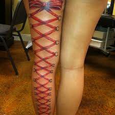Custom Leg Corset By Tattootracy On Backspaces Corset Tattoo Lace Bow Tattoos Back Tattoo